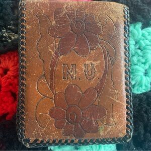 Vintage Tooled Leather Billfold Wallet 1970s Rose Flowers Monogram Initials
